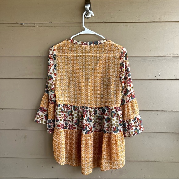 DR2 Mixed Print Bell Sleeve Chiffon Peasant Top XS - Boho Floral Lightweight - Picture 7 of 9